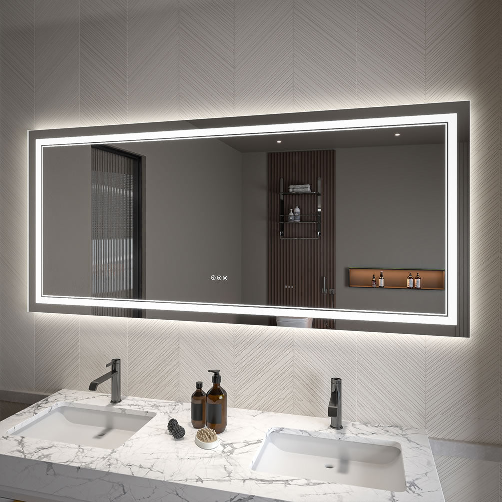 28" x 60" Covington LED Vanity Mirror by Mirror Luxe - with front and rear edge LED lighting dimmer and defogger.