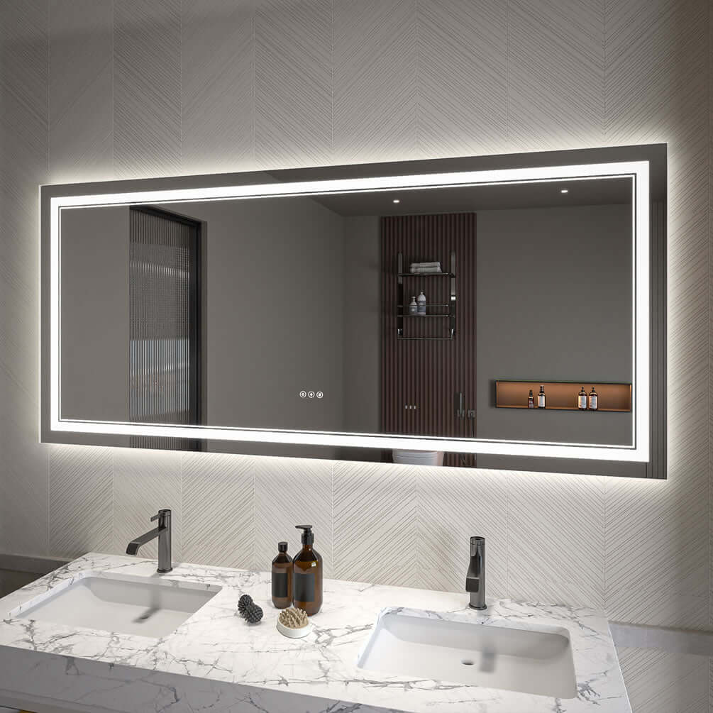 28" x 60" Covington LED Vanity Mirror by Mirror Luxe - with front and rear edge LED lighting dimmer and defogger.
