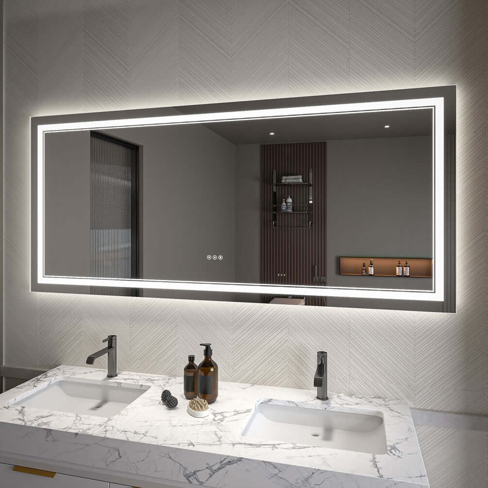 With defogger, dimmer, color settings, and memory, CRI 90+, this 72" Wide Bathroom Vanity LED mirror comes in 32" and 36" heights.