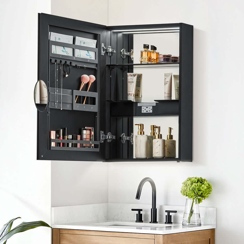 Integrated flip-our 3x makeup mirror is height-adjustable.
