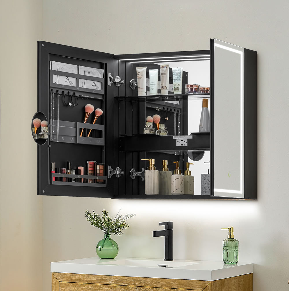 Space-saving features including door-back orgniazer, electrical outlets, USB ports, concealed storage, and a flip-out 3x magnifying makeup mirror.
