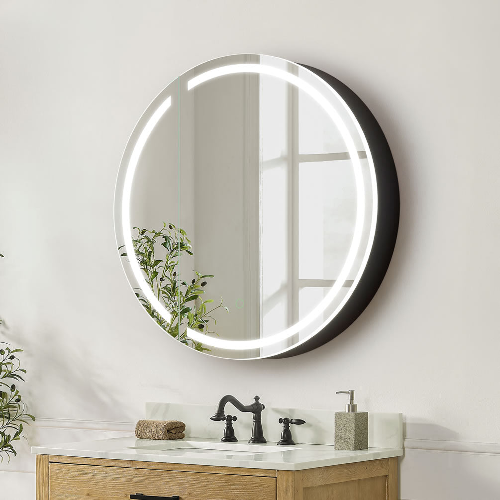 24" Diameter overall, and the door is 17.3" wide overall. 4" Deep. Surface mount only.