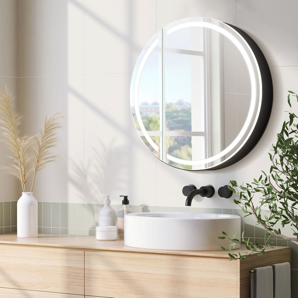 Radiant Multi-Featured Round LED Medicine Cabinet - 24" Diameter, Surface Mount - Altair Design - Perfect Makeup Mirrors