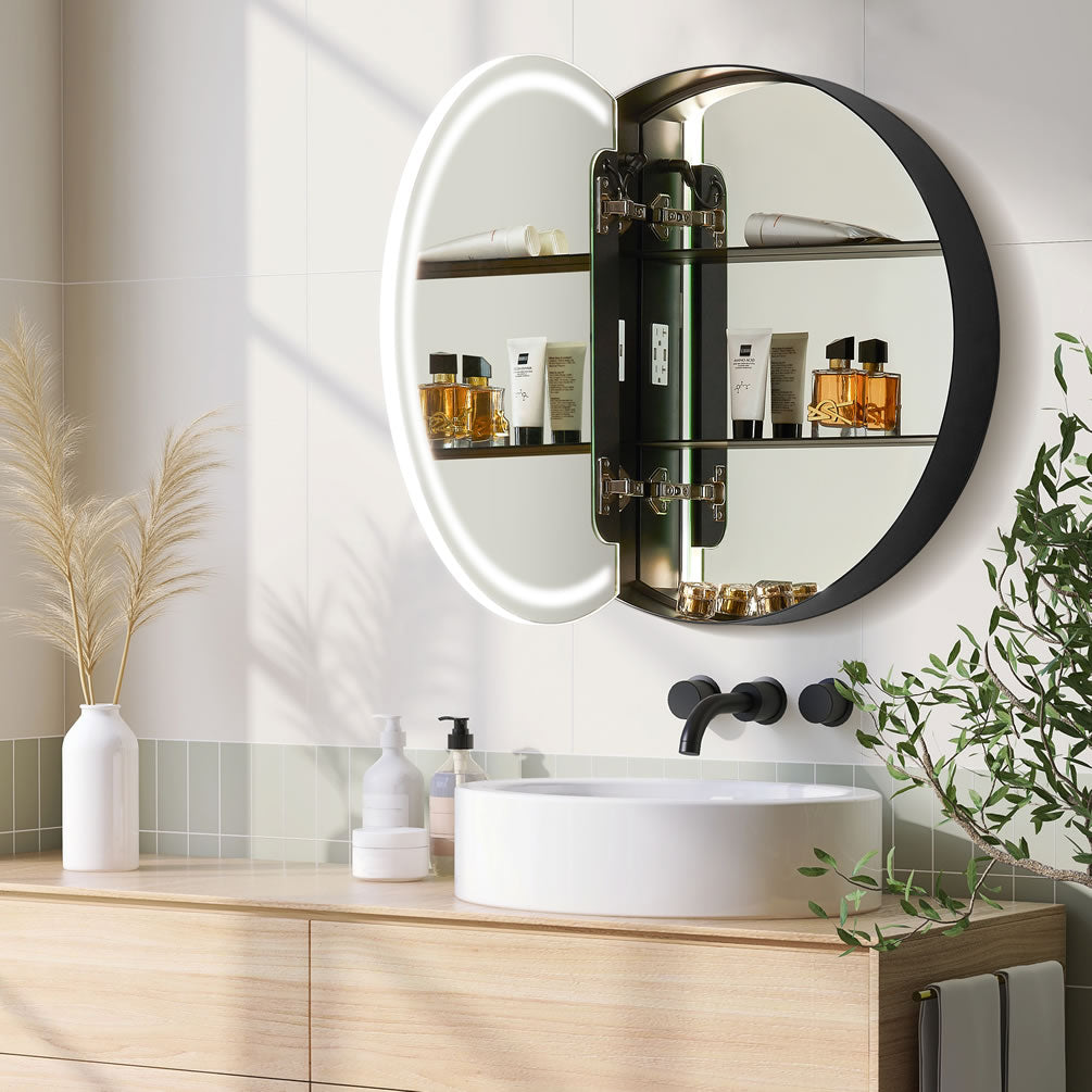 Radiant Multi-Featured Round LED Medicine Cabinet - 24" Diameter, Surface Mount - Altair Design - Perfect Makeup Mirrors