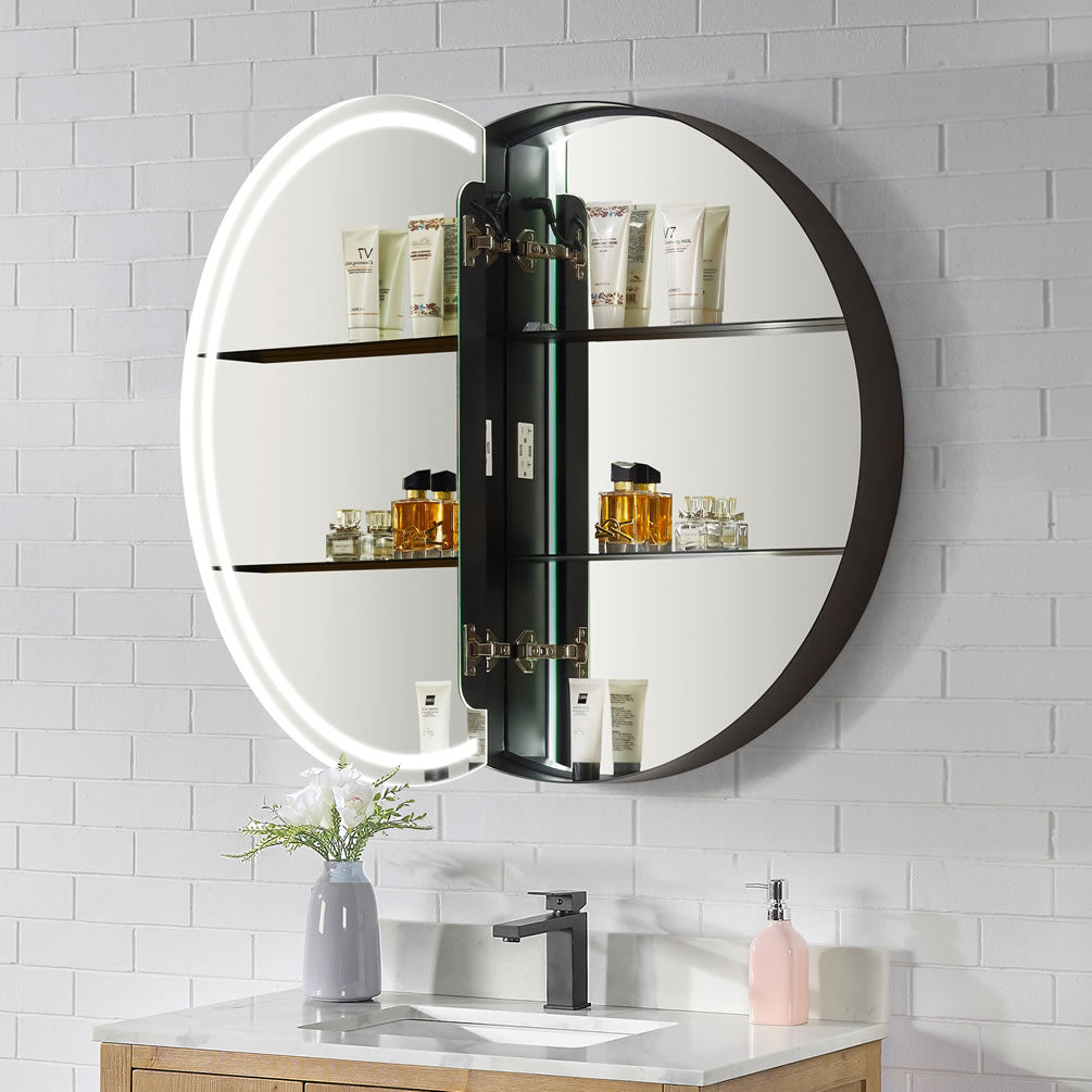 Radiant Multi-Featured Round LED Medicine Cabinet - 32" Diameter, Surface Mount - Altair Design - Perfect Makeup Mirrors
