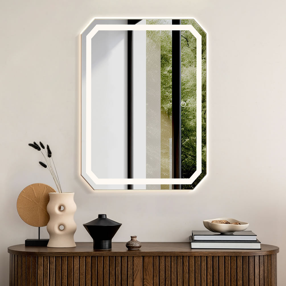 High-definition mirror glass is used with soft LED illumination. A touch sensor controls the lighting.