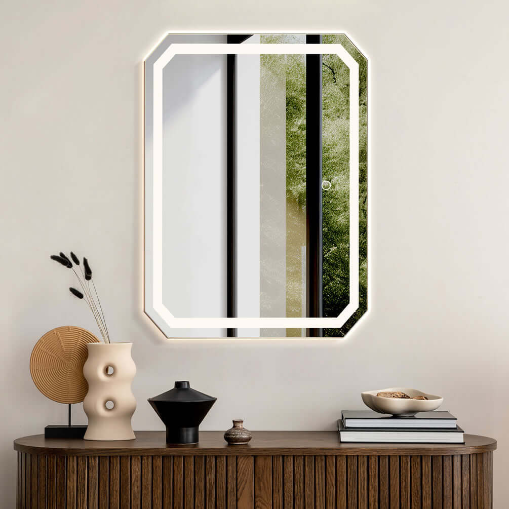 High-definition mirror glass is used with soft LED illumination.  A touch sensor controls the lighting.