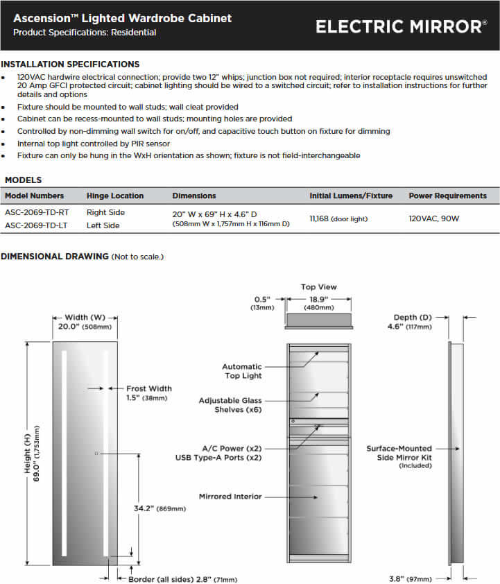 Ascencion Wardrobe/Medicine Cabinet Specifications