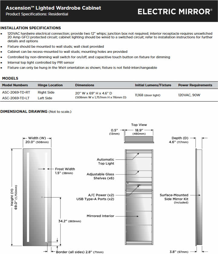 Ascencion Wardrobe/Medicine Cabinet Specifications