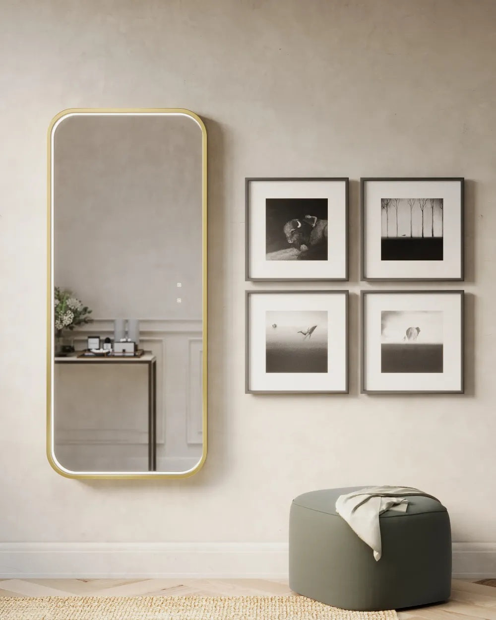 The eminence wardrobe mirror has unique inward-facing LED lighting and is available with either a gold or black frame.