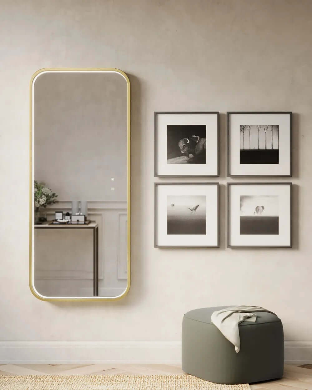 The eminence wardrobe mirror has unique inward-facing LED lighting and is available with either a gold or black frame.