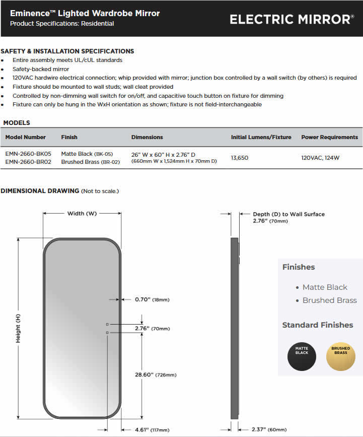 Electric Mirror Eminence Wardrobe Mirror Specifications