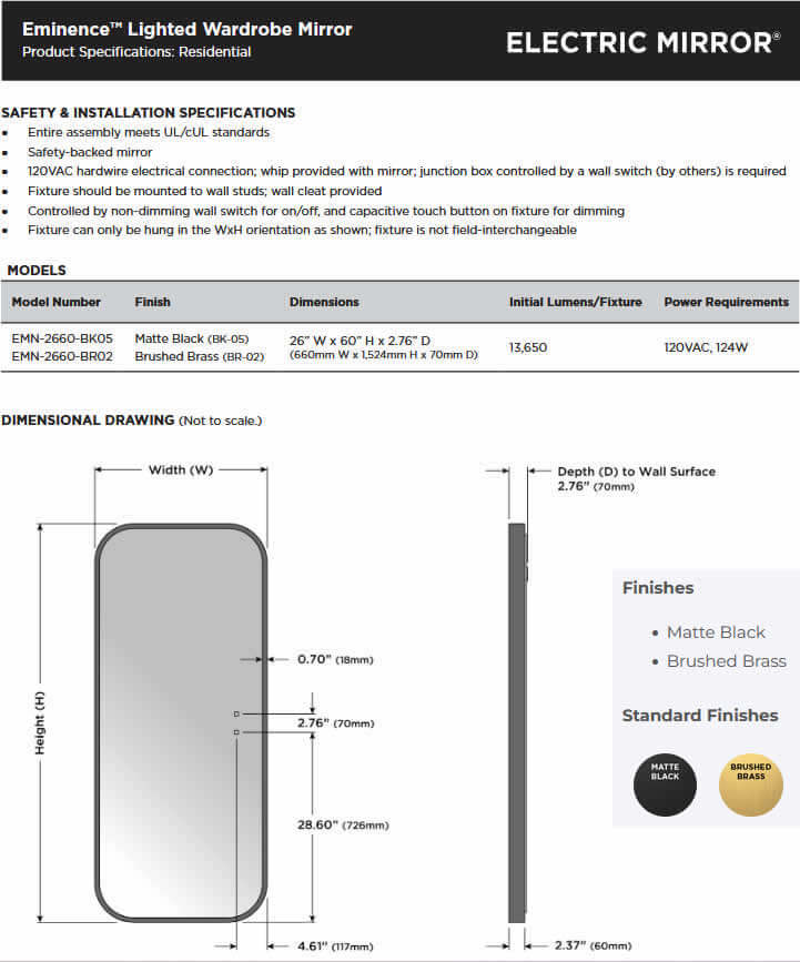 Electric Mirror Eminence Wardrobe Mirror Specifications