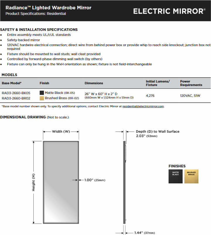 Electric Mirror Radiance Wardrobe Mirror Specifications
