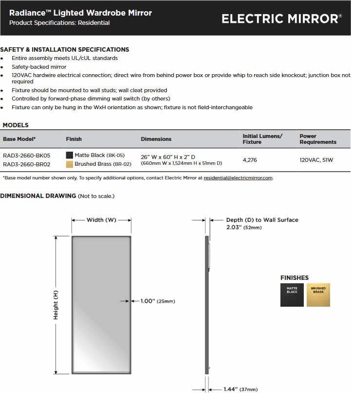 Radiance LED Wardrobe Mirror – Black or Brass Frame - Electric Mirror - Perfect Makeup Mirrors