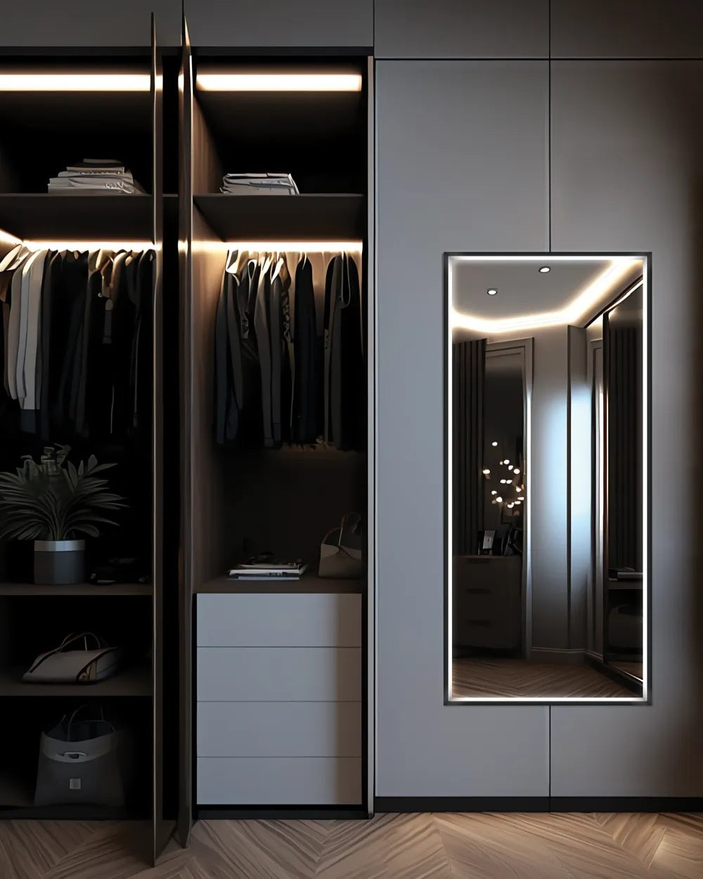 Electric Mirror Radiance Wardrobe Mirror with inward facing LED lighting.