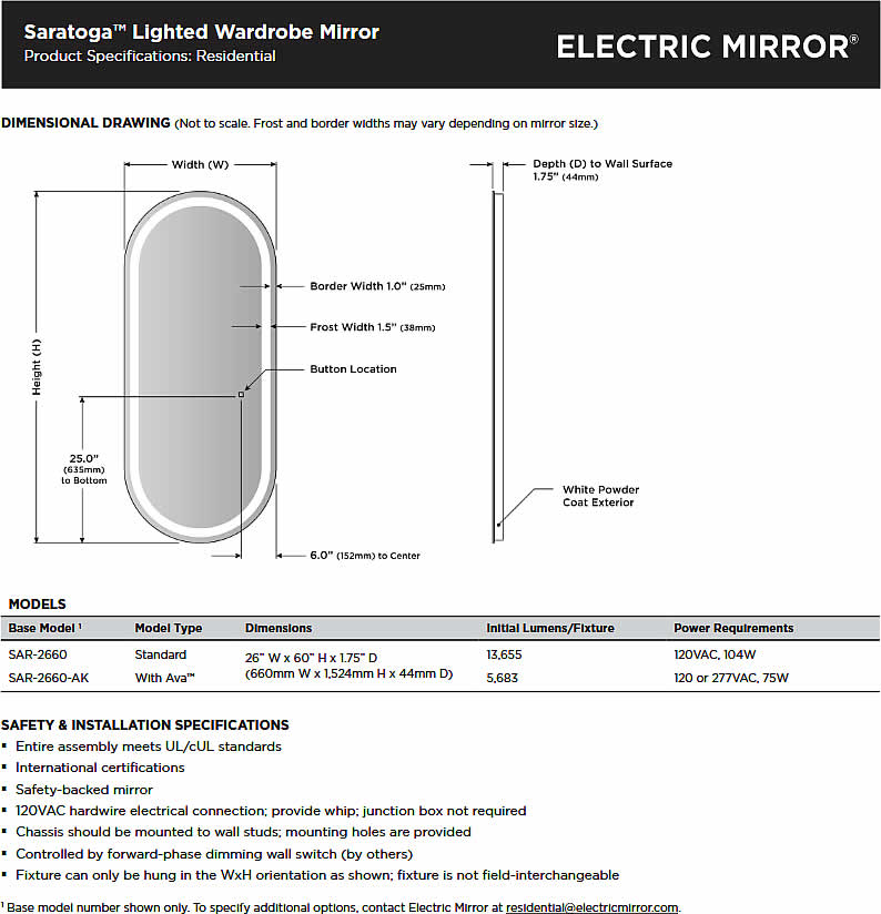 Electric Mirror Saratoga Wardrobe Mirror Specifications