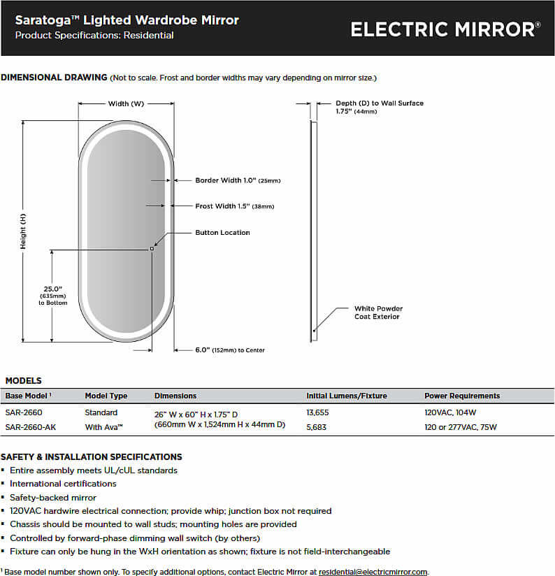 Electric Mirror Saratoga Wardrobe Mirror Specifications