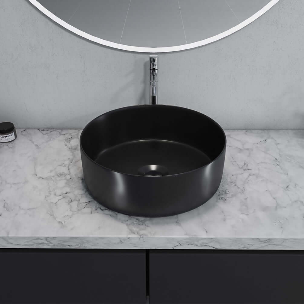 Altair Design 14" Round Sabine Ceramic Bathroom Vesse; Sink - Black or White Finish