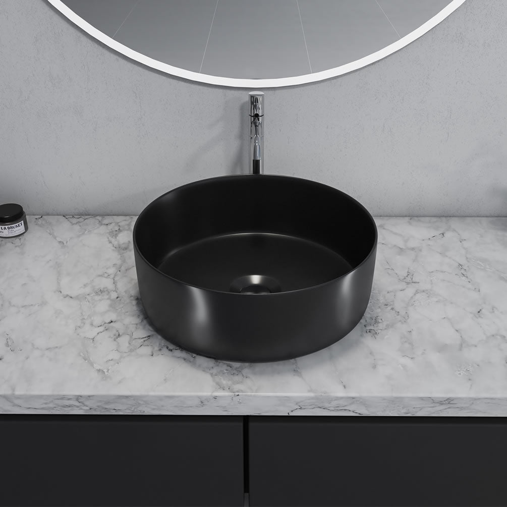 14" Round Sabine Ceramic Bathroom Vesse; Sink - Black or White Finish - Altair Design - Perfect Makeup Mirrors