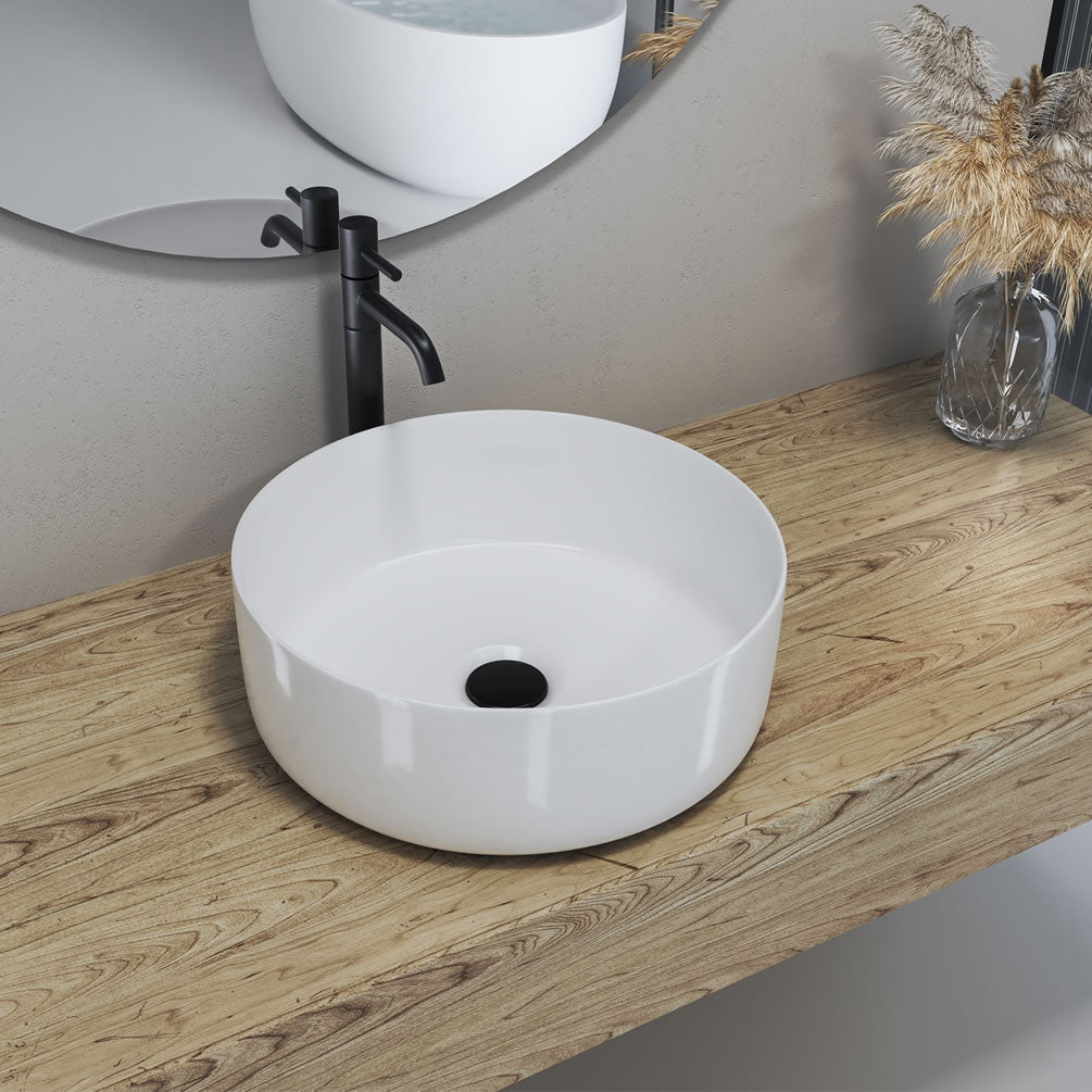 14" Round Sabine Ceramic Bathroom Vesse; Sink - Black or White Finish - Altair Design - Perfect Makeup Mirrors