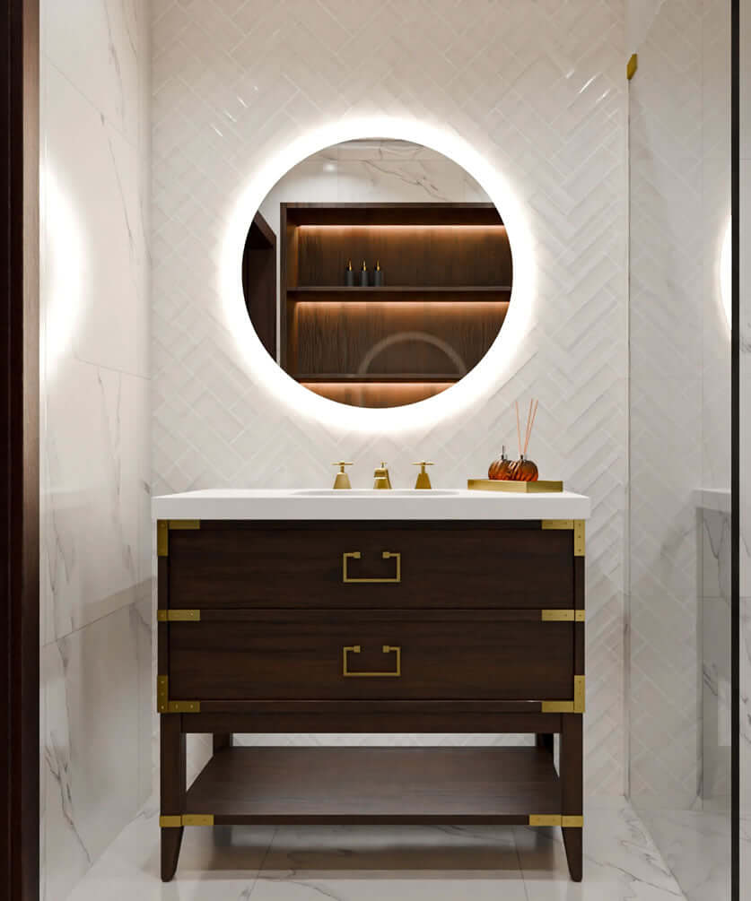 Electric Mirror Trinity LED Round Backlit Mirror has a Sleek Lighted Border and Wall Glow