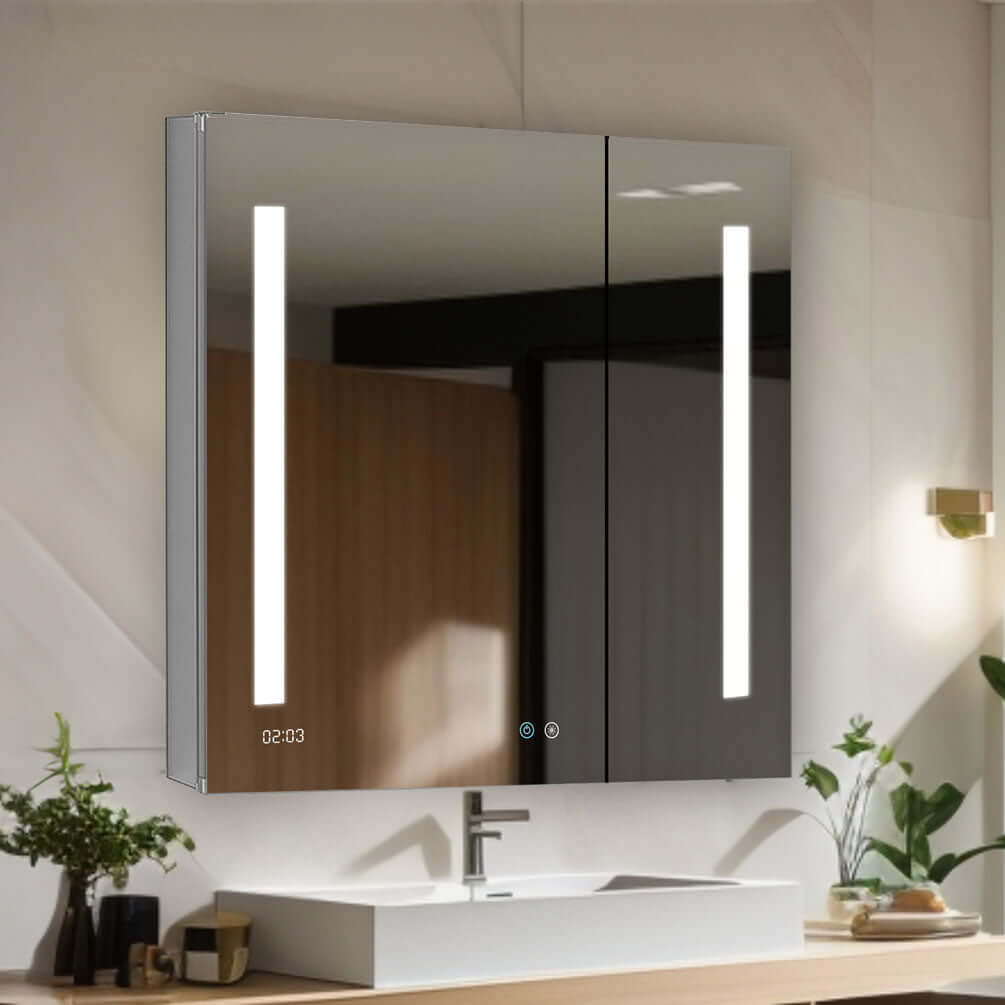 Aquadom Signature LED Medicine Cabinet 30" x 30" x 5" Deep. Inside there's a 3x LED Makeup Mirror - among other goodies.