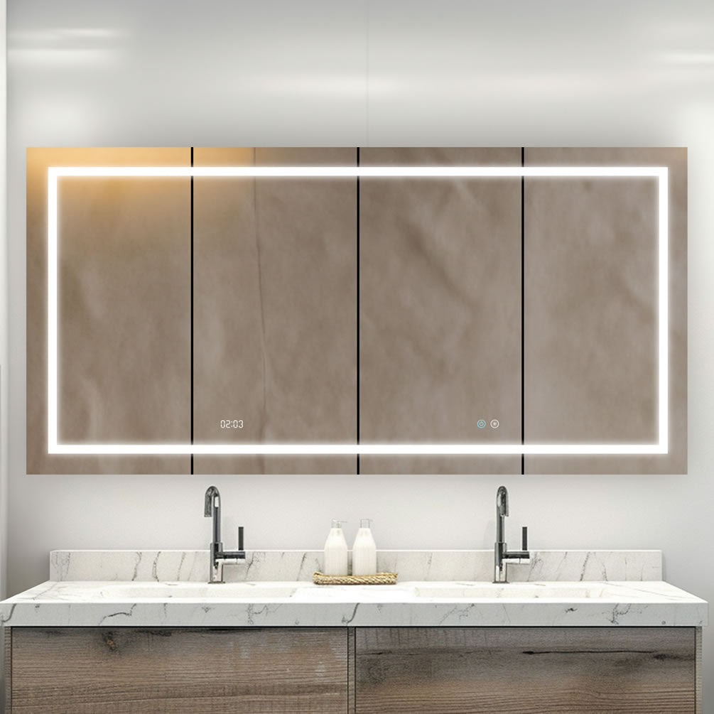 Aquadom 72" x 36" x 5" Deep Signature Royale 4-Door Medicine Cabinet with adjustable LED lighting color in a frosted band running around the circumfrenece, tying all four doors together as a unit.