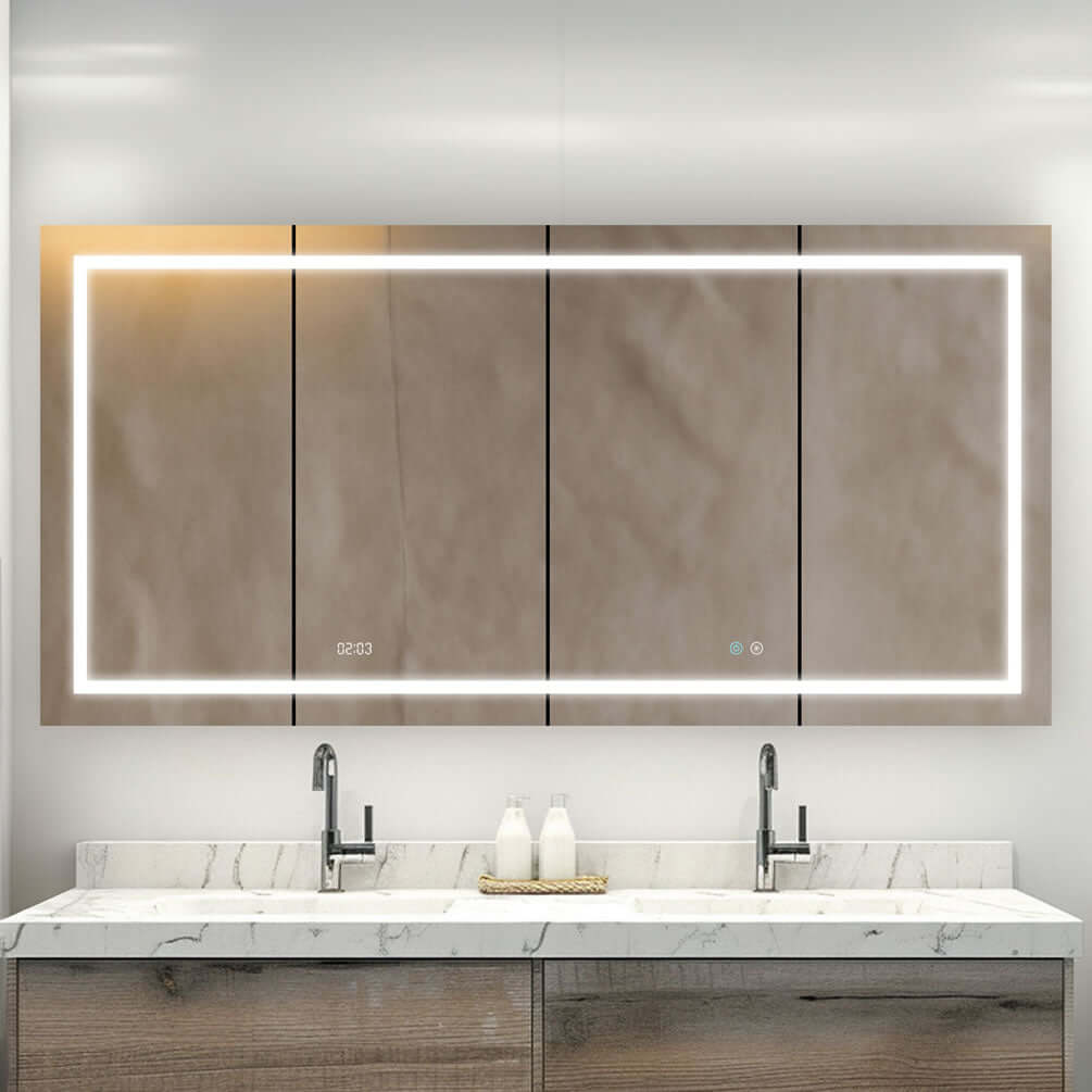 Aquadom 72" x 36" x 5" Deep Signature Royale 4-Door Medicine Cabinet with adjustable LED lighting color in a frosted band running around the circumfrenece, tying all four doors together as a unit.