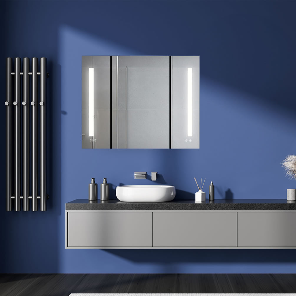 Aquadom 36" x 30" High Signature Medicine Cabinet. Open the door and the interior lighting comes on, revealing a 3x Makeup Mirror- adjustable in height and detachable.