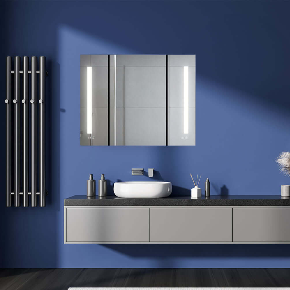 Aquadom 36" x 30" High Signature Medicine Cabinet. Open the door and the interior lighting comes on, revealing a 3x Makeup Mirror- adjustable in height and detachable.