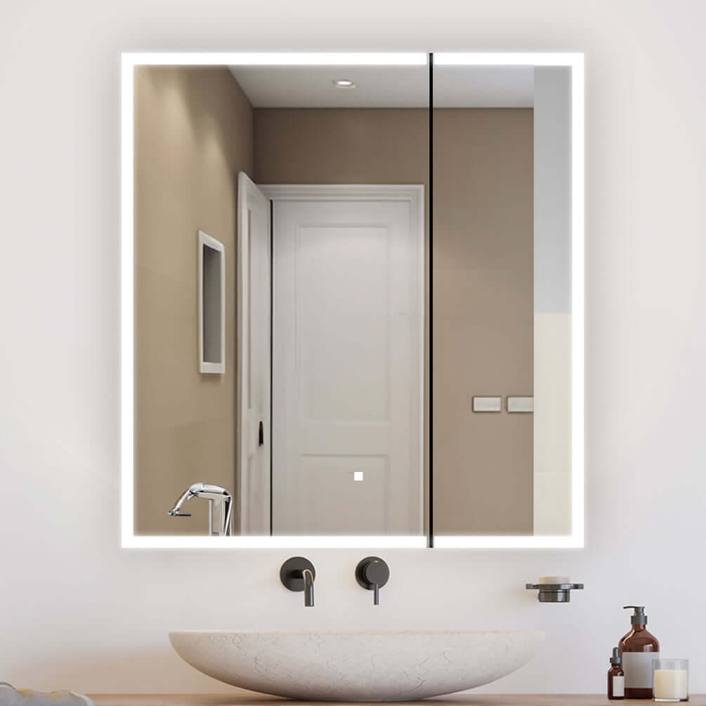 Aquadom 30" x 32" High 2-Door Offset Edge Royale Medicine Cabinet. Left door: 20" Wide. Right Door: 10" Wide.