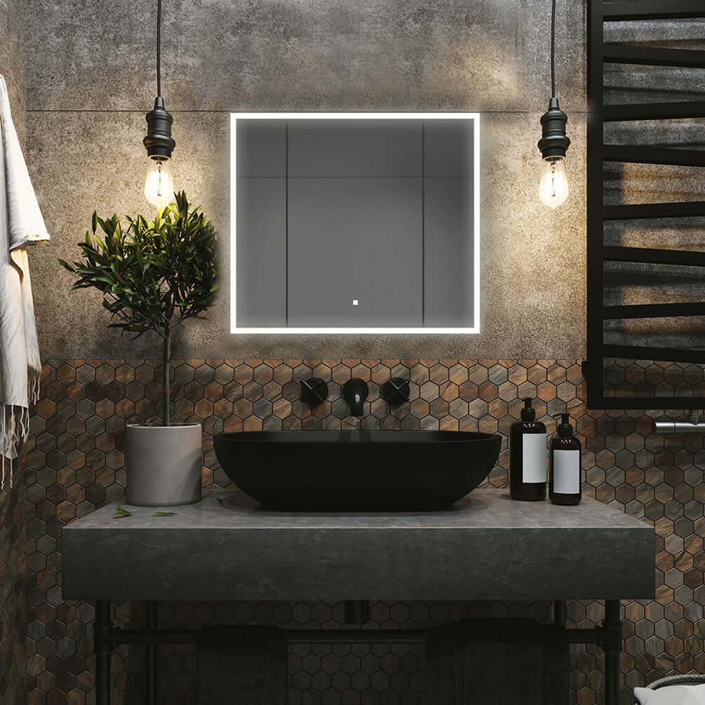 Edge Royale by Aquadom. 36" x 32" High. Interior lighting comes on automatically when the door is opened, and there's a 3x LED Magnifying Makeup Mirror inside - detachable.