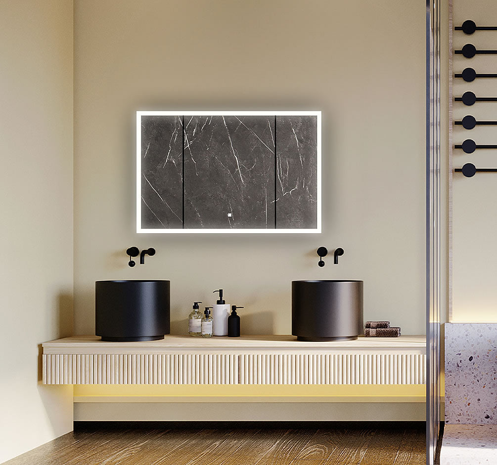 Aquadom 48" Edge Royale Medicine Cabinet with perimeter LED lighting at 6,500k (daylight), and automatic inteior LED lighting.