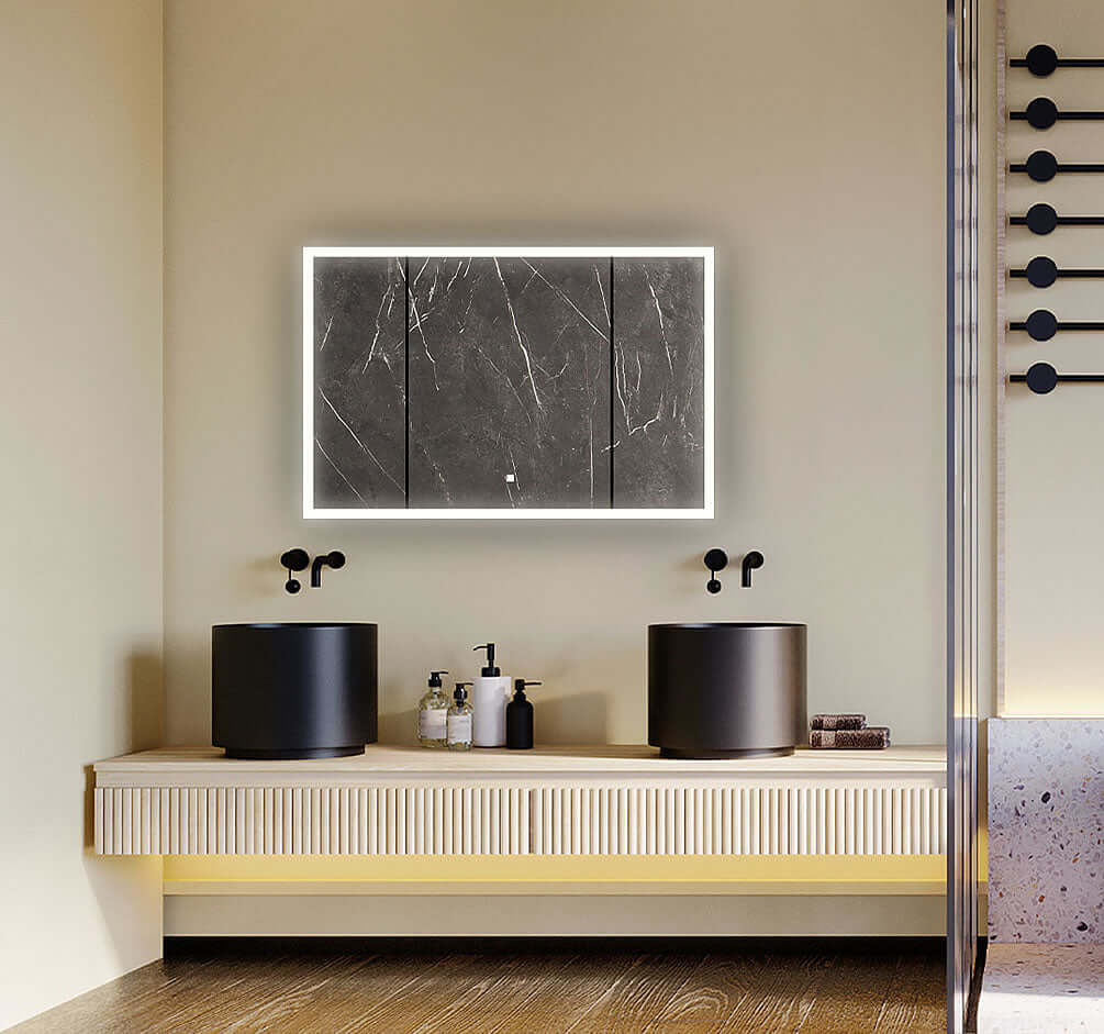 Aquadom 48" Edge Royale Medicine Cabinet with perimeter LED lighting at 6,500k (daylight), and automatic inteior LED lighting.