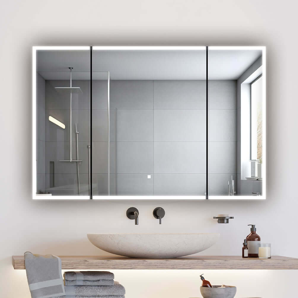 48" Wide x 32" High, the left and center doors open with hinges on the left, while the right-hand door has its hinges on the right. Finger recesses for opening/closing on the doors edges keep the mirrors fingerprint-free.