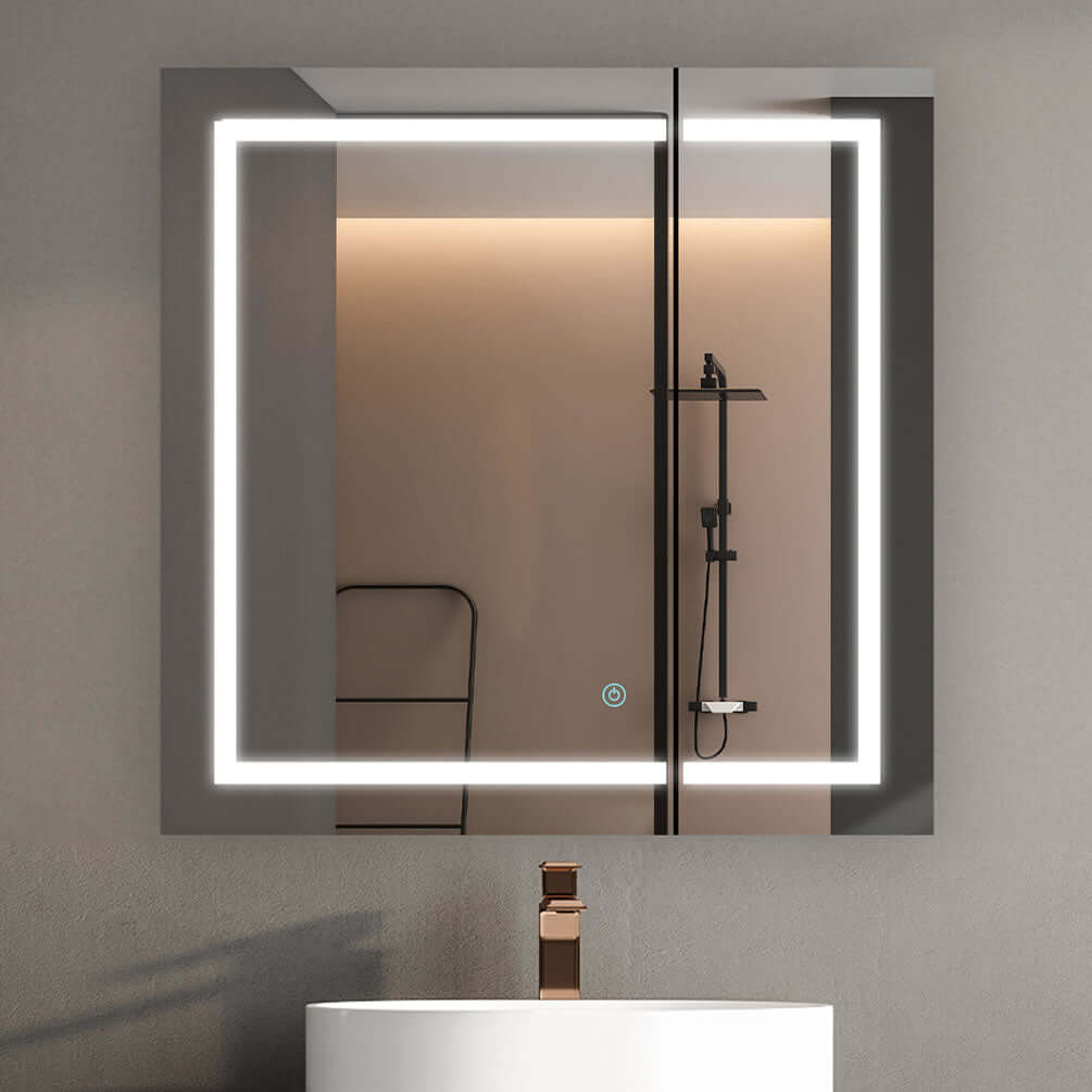 Aquadom 36" x 36" Royale Plus Medicine Cabinet. Doors are mirrored inside and out, as is the back wall..