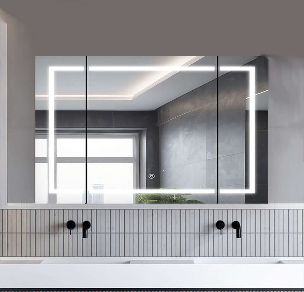 30" High xx 48" Wide, the doors are mirrored inside and out, and the backwall is also mirrored. Recess it or surface-mount it - the hardware is included.