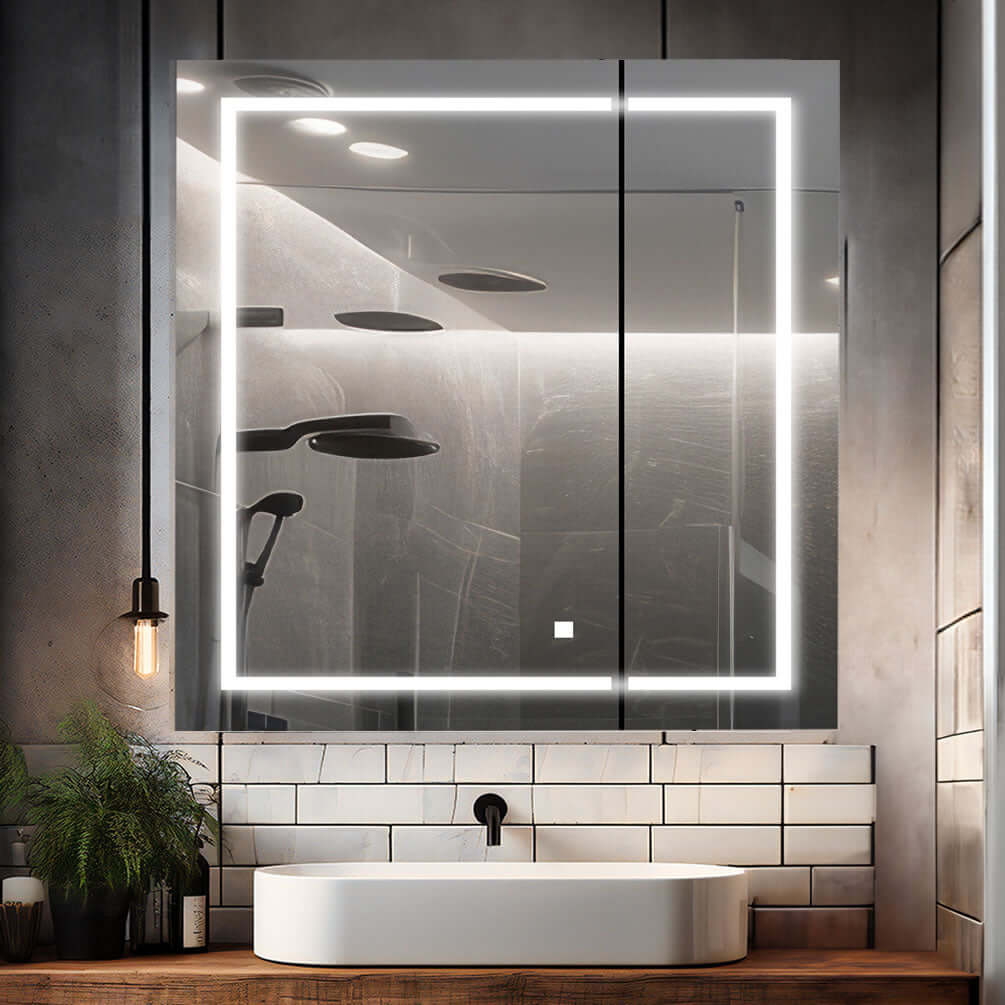 The doors are mirrored inside and outside, and the backwall on the interior is also mirrored. Hinges are BLUM 110-degree soft-close.