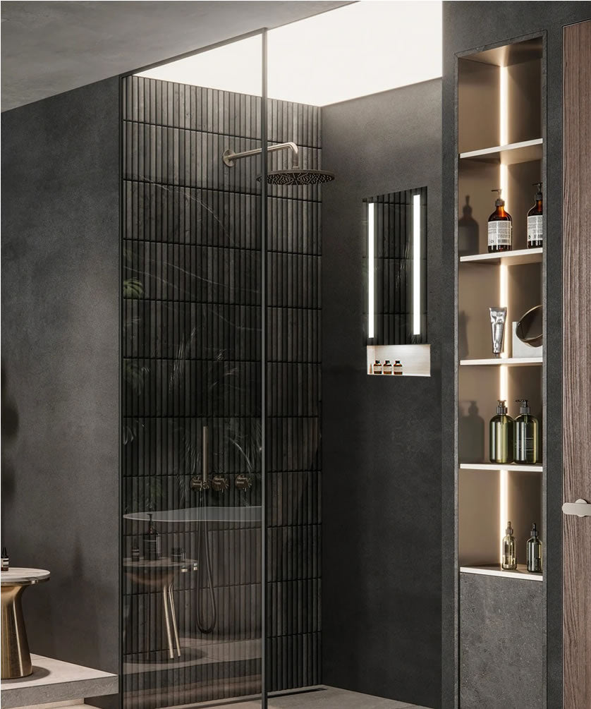 Acclaim Fog-Free Shower Mirror. 28" High x 12" Wide, including downlight.