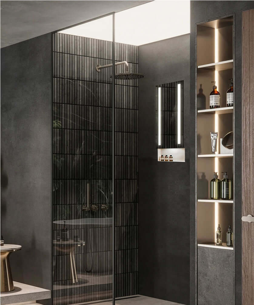 Acclaim Fog-Free Shower Mirror. 28" High x 12" Wide, including downlight.