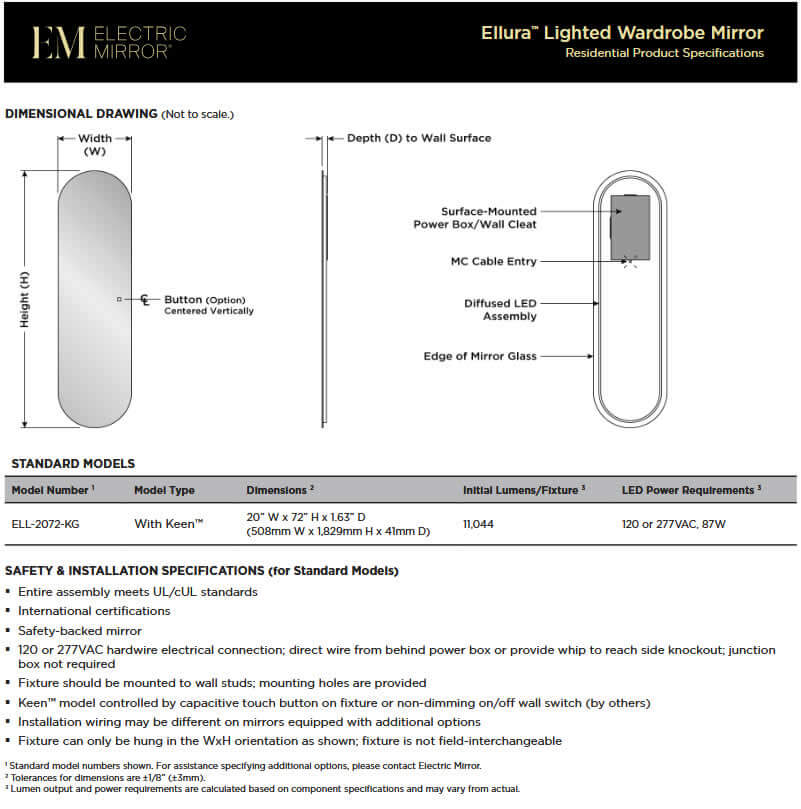 Ellura Wardrobe Mirror with Keen Technology - Electric Mirror
