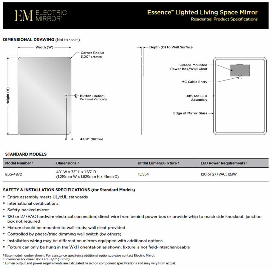 Essence LED Backlit Living Space Mirror – 4 Feet x 6 Feet High - by Electric Mirror - Perfect Makeup Mirrors