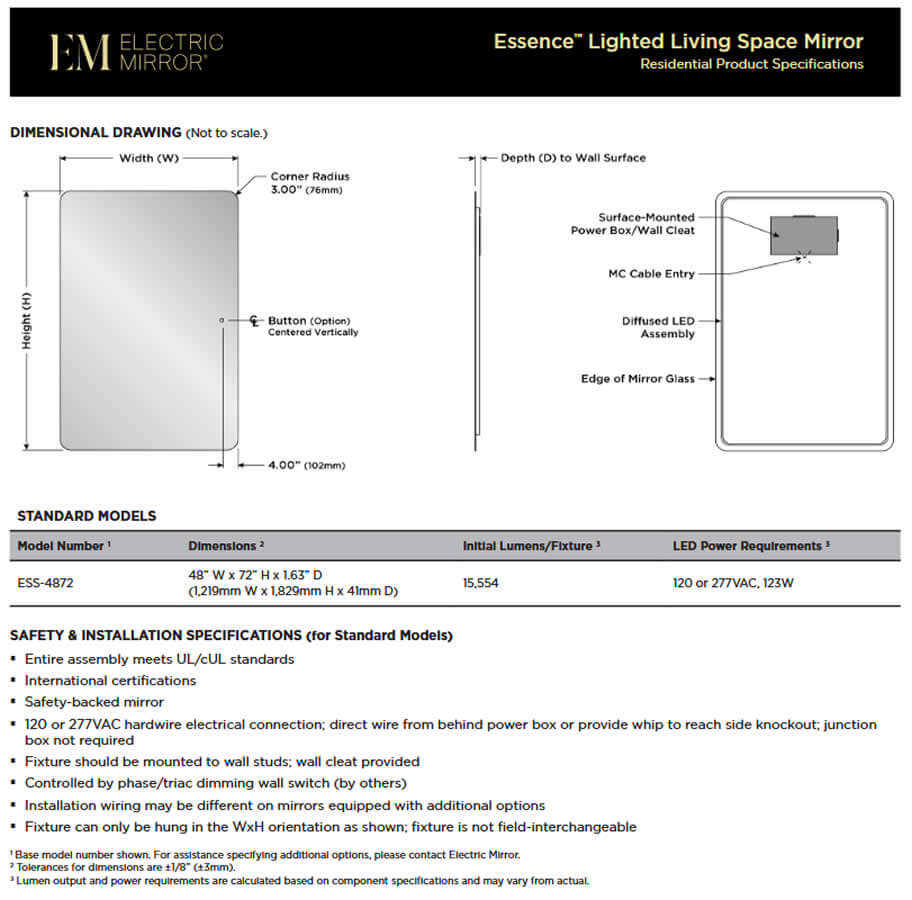 Essence LED Backlit Living Space Mirror – 4 Feet x 6 Feet High - by Electric Mirror - Perfect Makeup Mirrors