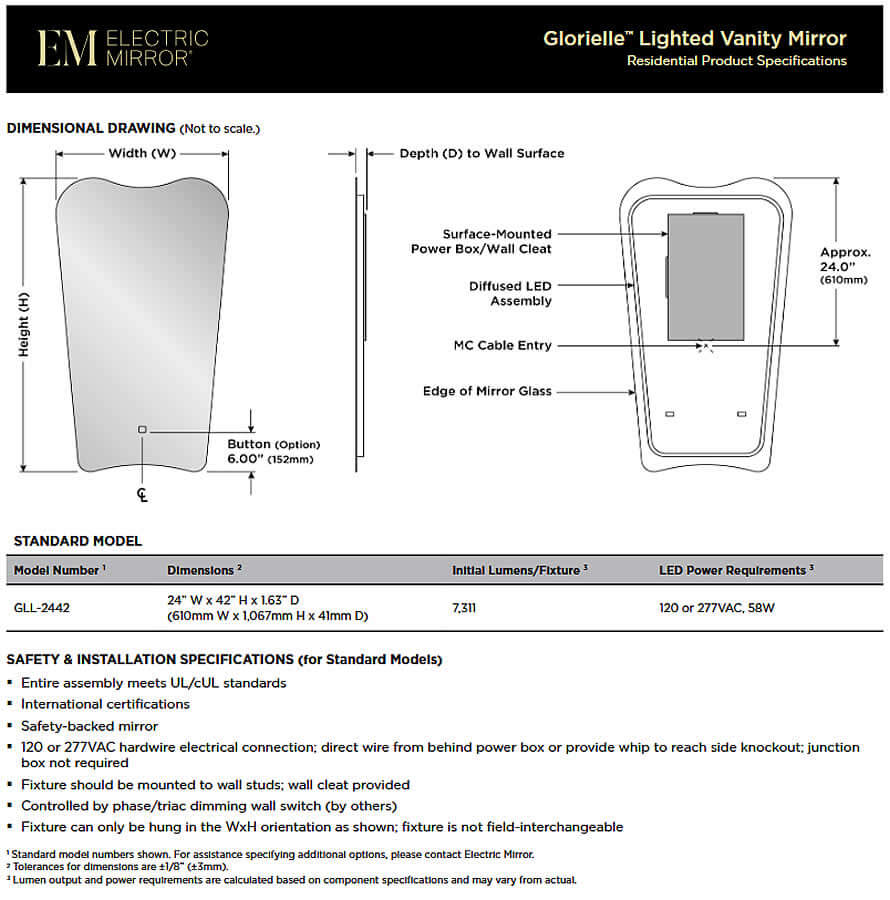 Glorielle LED Backlit Bathroom Vanity Mirror – 24" x 42" Tall, by Electric Mirror
