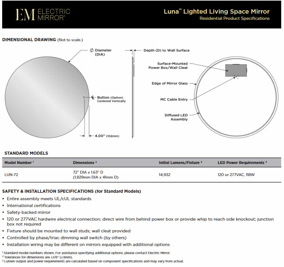 Luna LED Backlit Living Space Mirror – 72" Diameter, by Electric Mirror - Perfect Makeup Mirrors