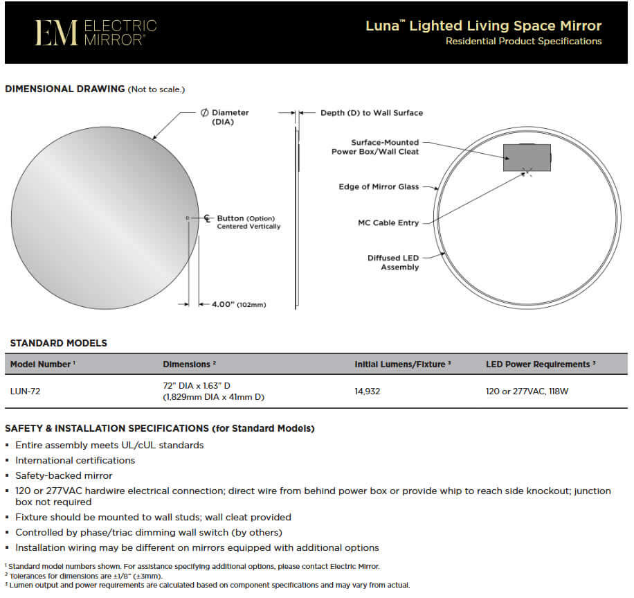 Luna LED Backlit Living Space Mirror – 72" Diameter, by Electric Mirror - Perfect Makeup Mirrors