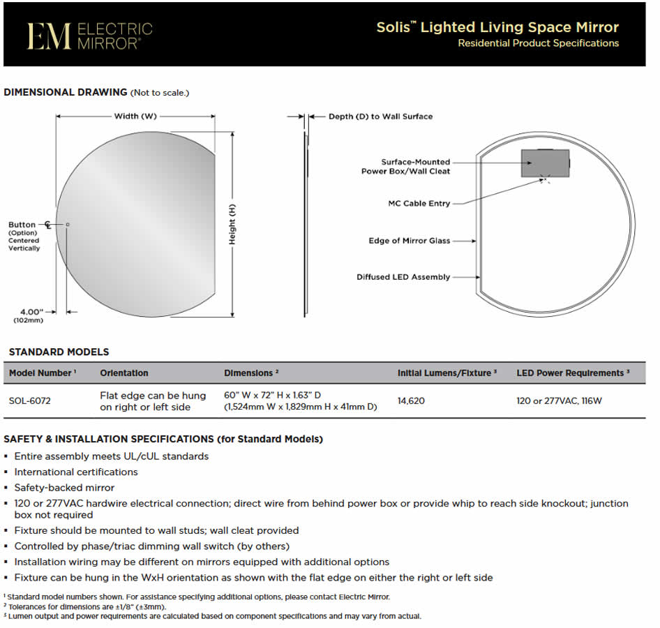 Solis LED Backlit Living Space Mirror – 5 Feet Wide x 6 Feet High - by Electric Mirror - Perfect Makeup Mirrors