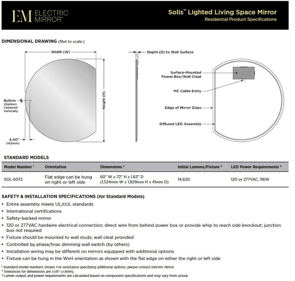 Solis LED Backlit Living Space Mirror – 5 Feet Wide x 6 Feet High - by Electric Mirror