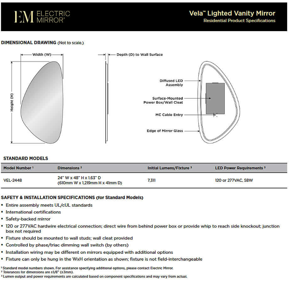 Vela LED Backlit Bathroom Vanity Mirror – 24" Wide x 48" High - by Electric Mirror - Perfect Makeup Mirrors